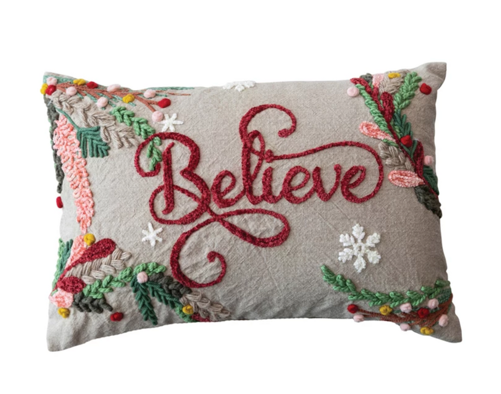 COTTON CHAMBRAY EMBROIDERED LUMBAR PILLOW WITH SNOWFLAKES & FOLIAGE "BELIEVE"