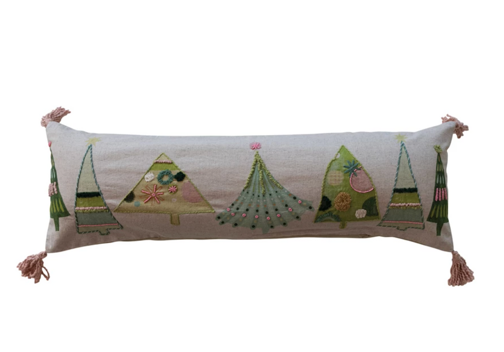 COTTON PRINTED LUMBAR PILLOW WITH TREES EMBROIDERY BEADS & TASSELS