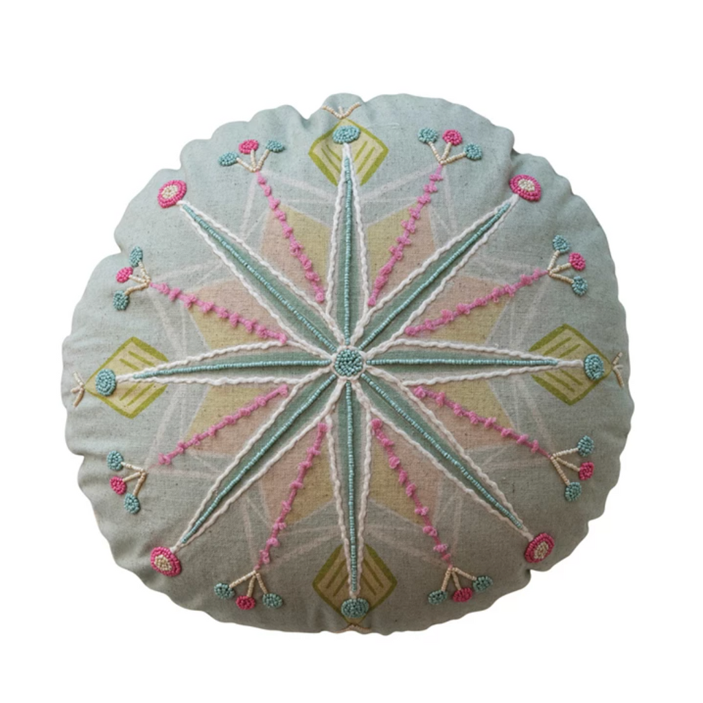 ROUND COTTON EMBROIDERED PILLOW WITH SNOWFLAKE & BEADS