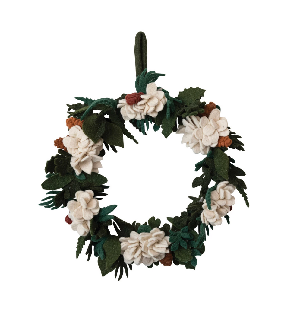 ROUND HANDMADE WOOL FELT WREATH WITH APPLIQUED LEAVES