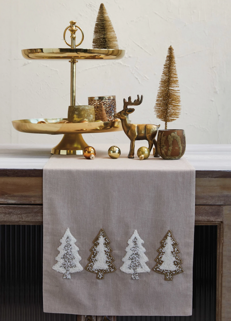 COTTON CHAMBRAY TABLE RUNNER WITH EMBROIDERED TUFTED TREES & GLASS BEADS