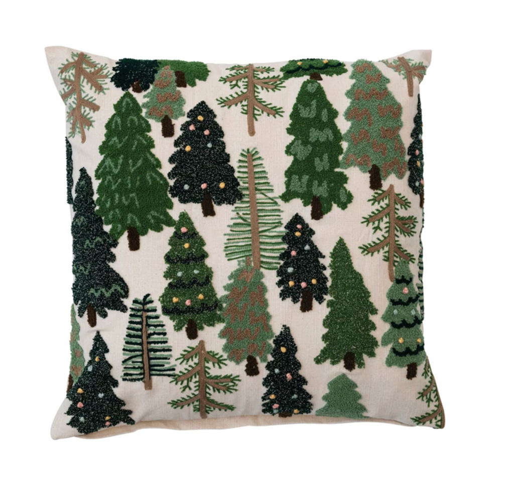 SQUARE COTTON SLUB EMBROIDERED PILLOW WITH TREES & FRENCH KNOTS