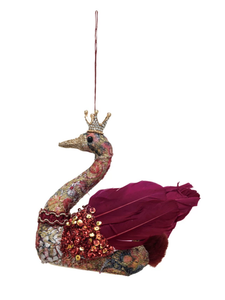 FABRIC & FEATHER SWAN ORNAMENT WITH CROWN & GLITTER