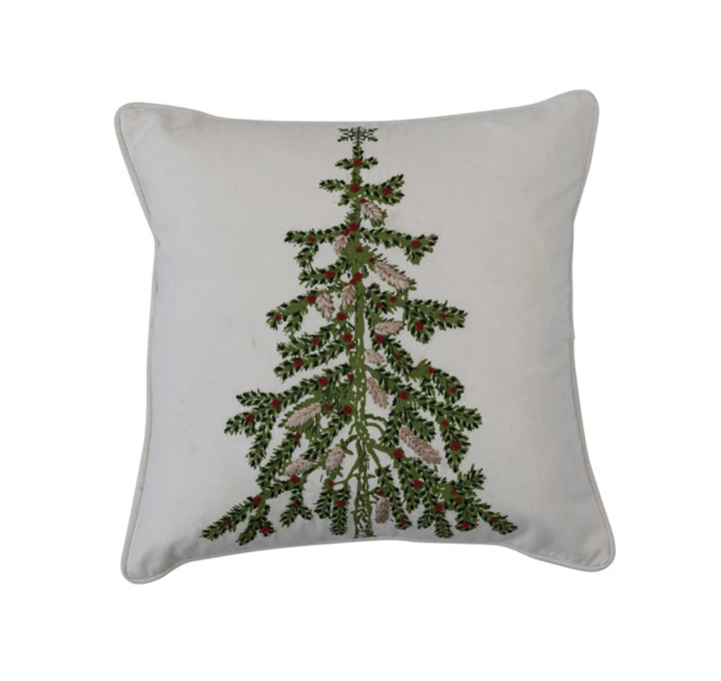 SQUARE COTTON PRINTED PILLOW WITH CHRISTMAS TREE EMBROIDERY  & PIPING