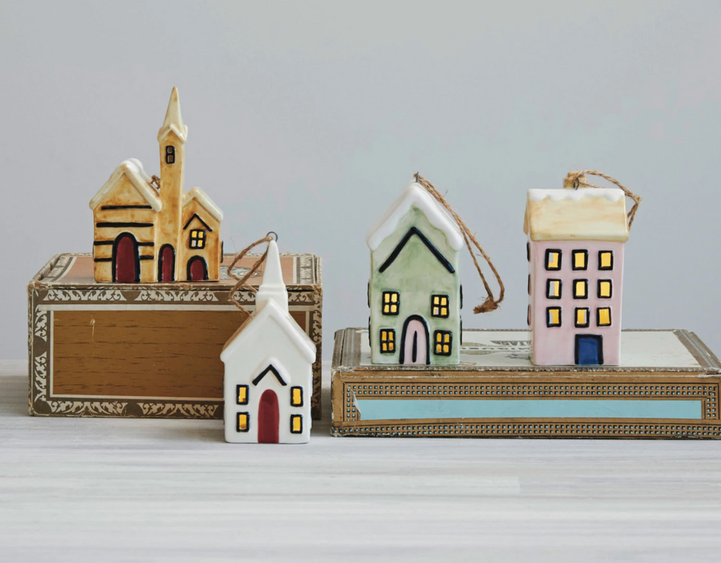 HAND-PAINTED STONEWARE HOUSE WITH LED LIGHT ORNAMENT