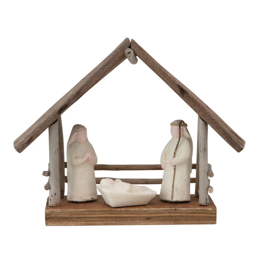 HANDMADE DRIFTWOOD AND PAPER MACHE NATIVITY WITH WOOD BASE