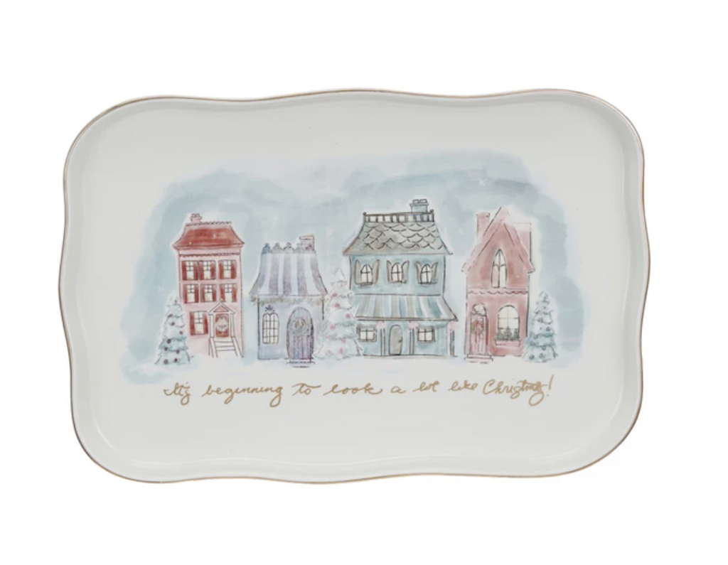 STONEWARE PLATTER WITH VILLAGE CHRISTMAS SCENE AND GOLD ELECROPLATING