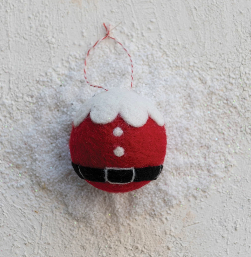 ROUND HANDMADE WOOL FELT BALL ORNAMENT WITH SANTA CLOTHES