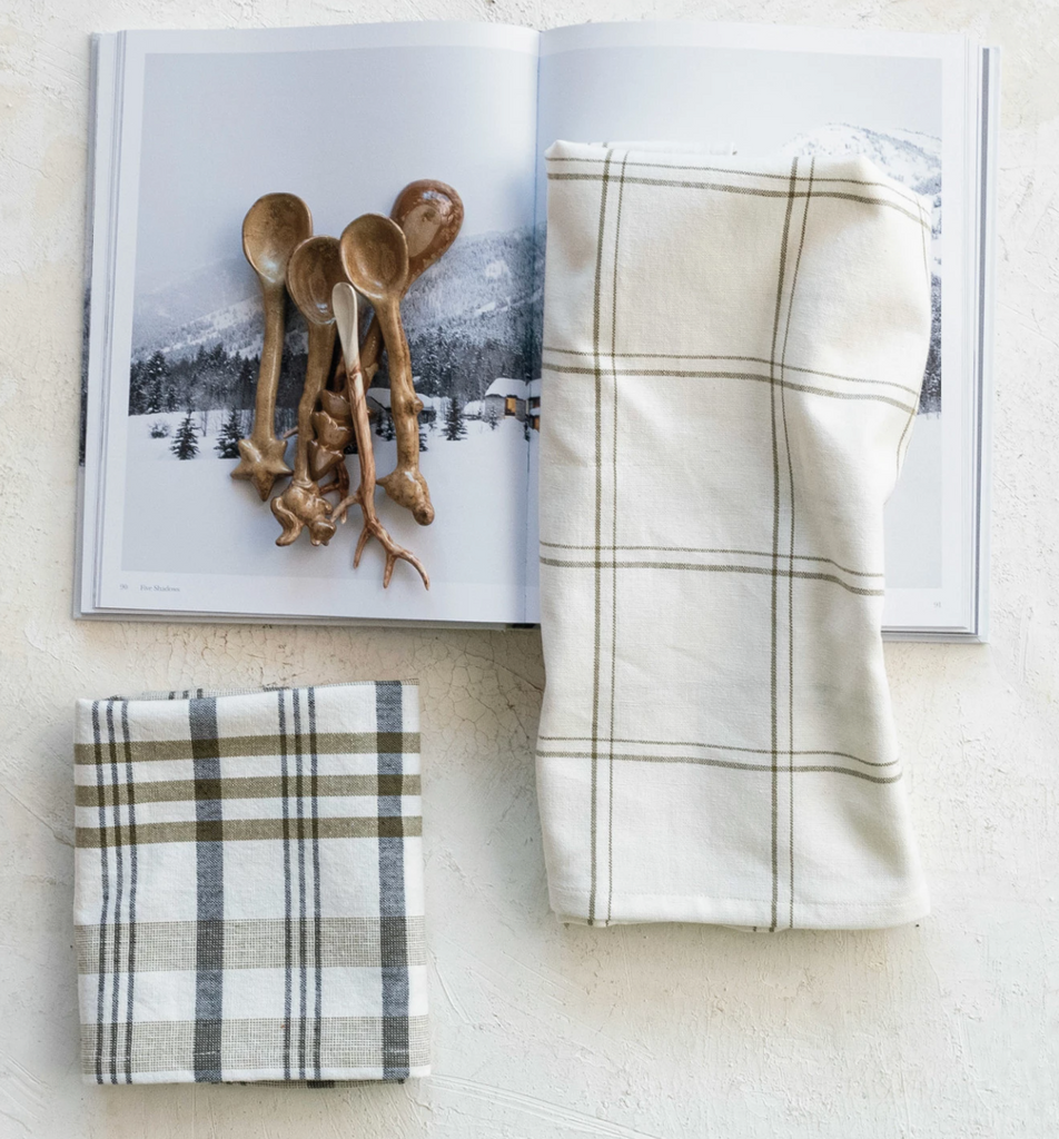 STONEWASHED COTTON TEA TOWEL WITH GRID PATTERN - WHITE & GREEN