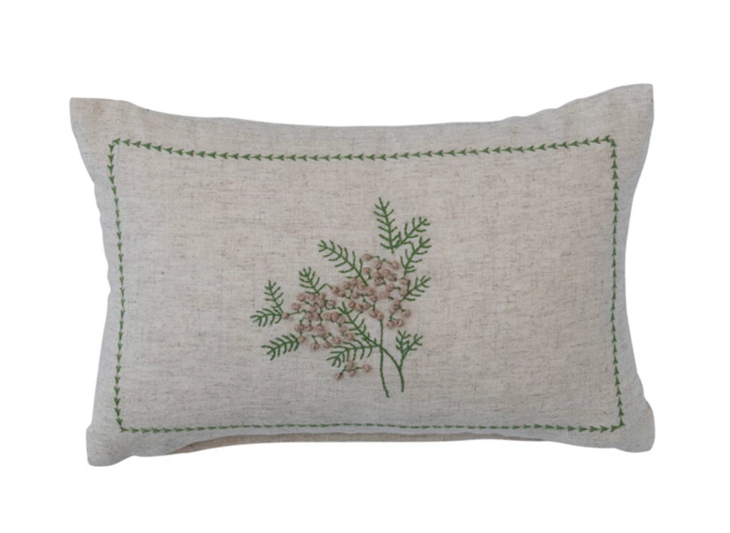 COTTON & LINEN LUMBAR PILLOW WITH BOTANICAL EMBROIDERY & FRENCH KNOTS