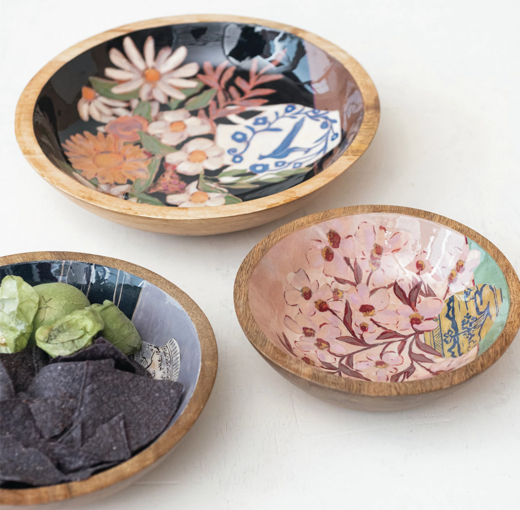 ENAMELED MANGO WOOD BOWLS WITH FLOWERS IN VASE - 3 SIZES