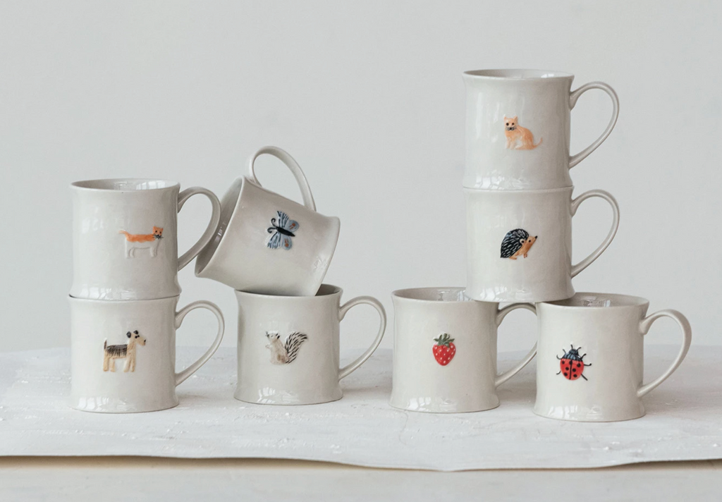 EMBOSSED STONEWARE MUG WITH FRUIT/ANIMAL - 8 STYLES