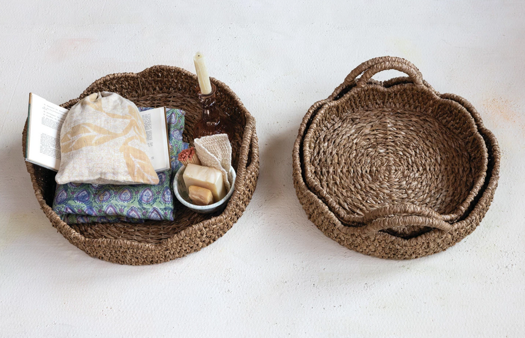 ROUNDED DECORATIVE BRAIDED BANKUAN & RATTAN TRAYS - IN STORE PICK UP ONLY!