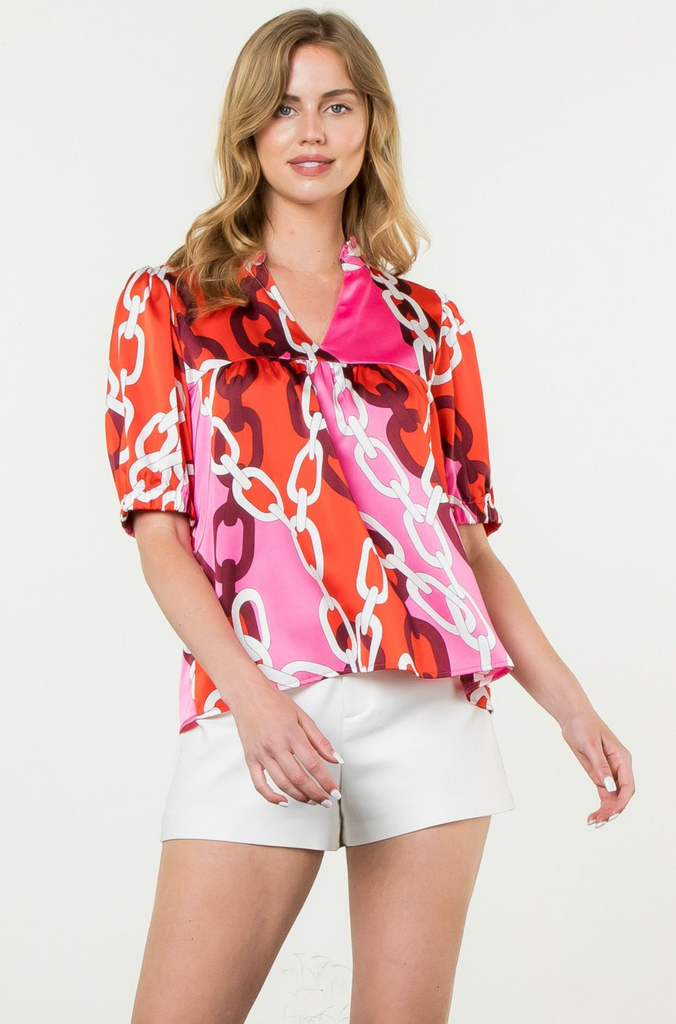 SHORT SLEEVE PRINT VNECK TOP PINK