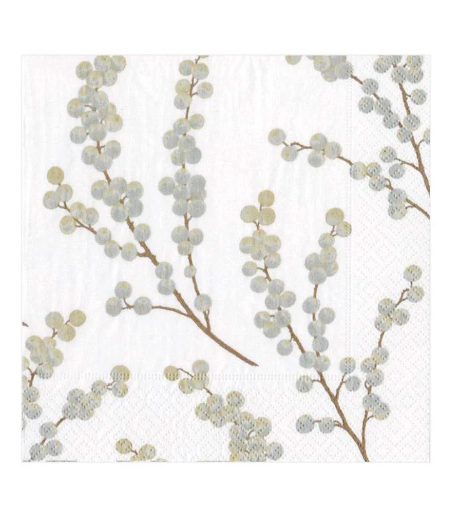 BERRY BRANCHES WHITE AND SILVER - COCKTAIL NAPKIN