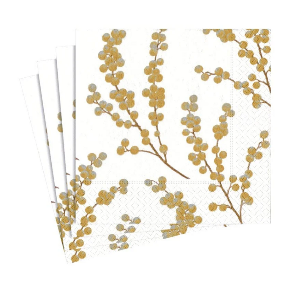 BERRY BRANCHES WHITE AND GOLD- COCKTAIL NAPKIN