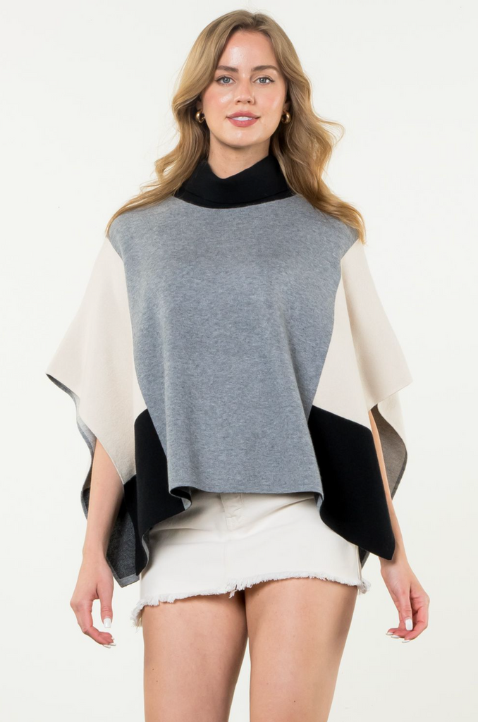 COLORBLOCK PONCHO IN HEATHER GREY