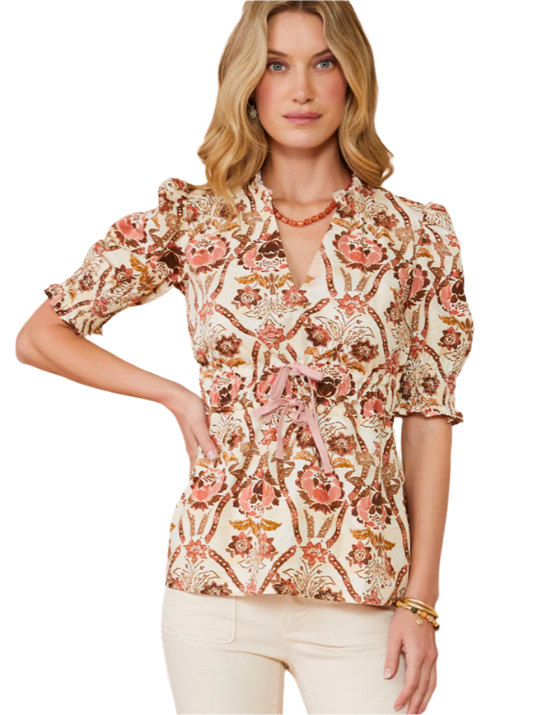 TATUM BLOUSE MYSTIC MOSS STENCIL CORAL