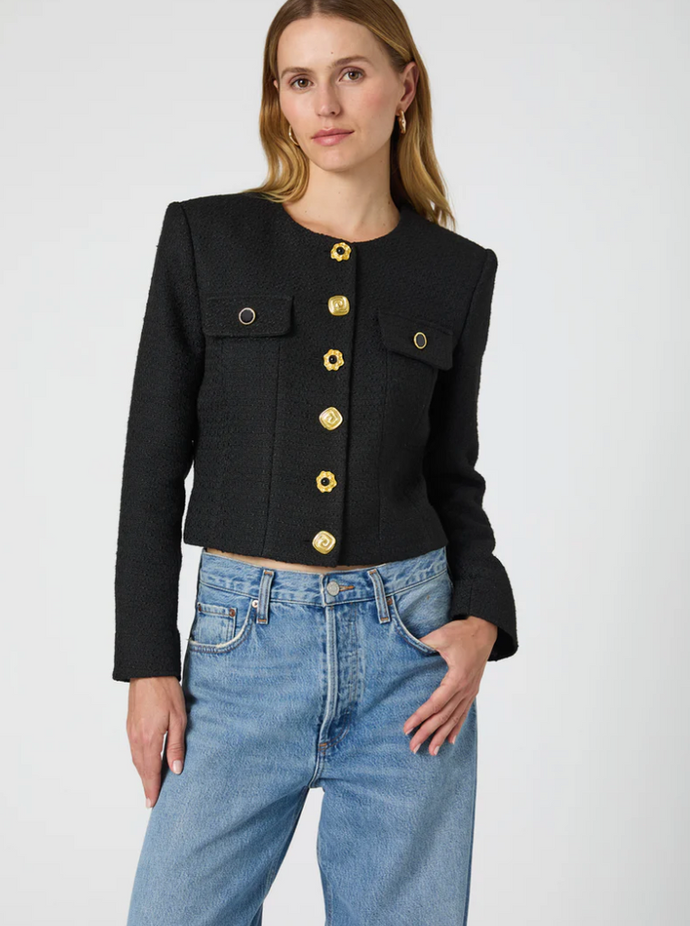 STRUCTURED TWEED NOVELTY BUTTON JACKET IN BLACK