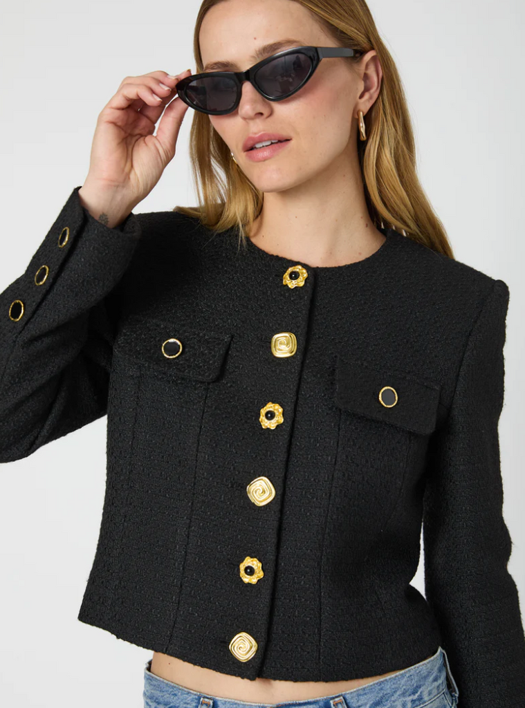 STRUCTURED TWEED NOVELTY BUTTON JACKET IN BLACK