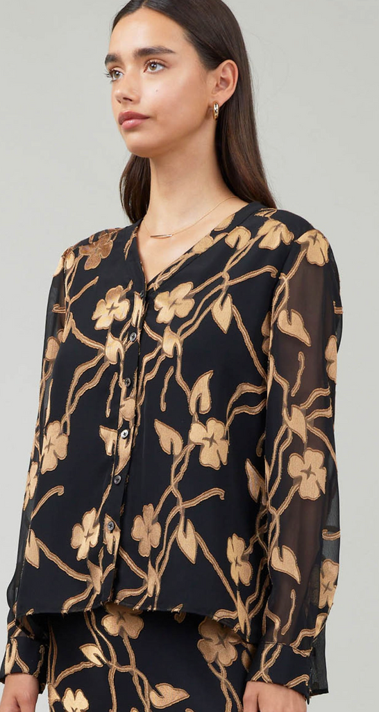 LONGSLEEVE V-NECK BUTTON FRONT PRINT TOP IN BLACK/GOLD