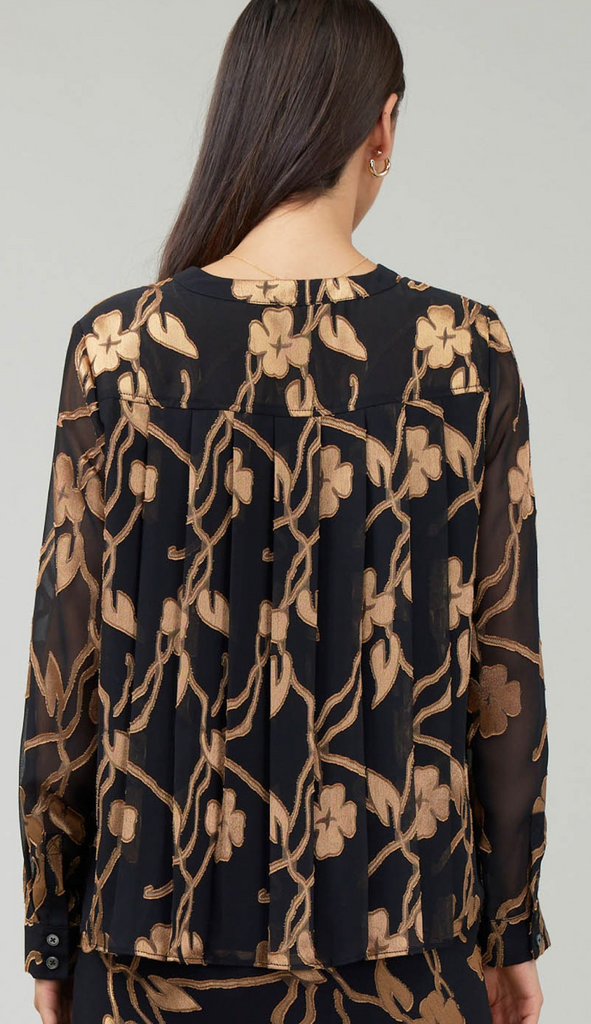 LONGSLEEVE V-NECK BUTTON FRONT PRINT TOP IN BLACK/GOLD