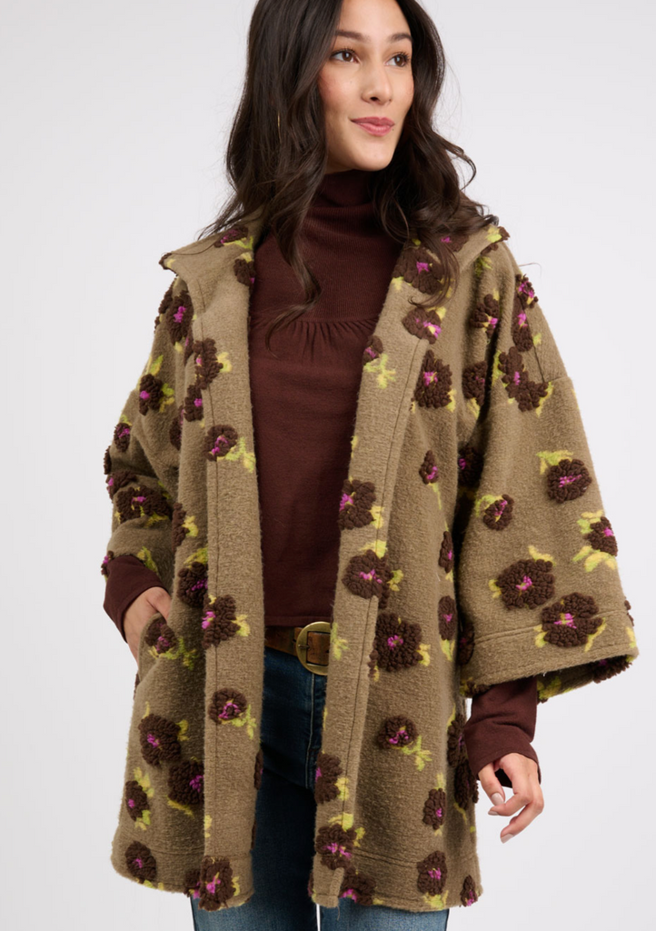 PUFF FLORAL SHERPA JACKET-MOCHA