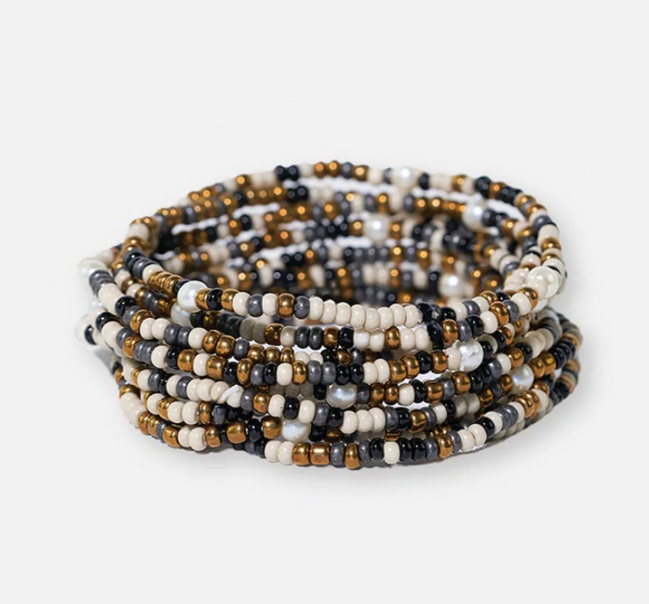 SAGE BLACK CONFETTI BEADED 10 STRAND STRETCH BRACELETS