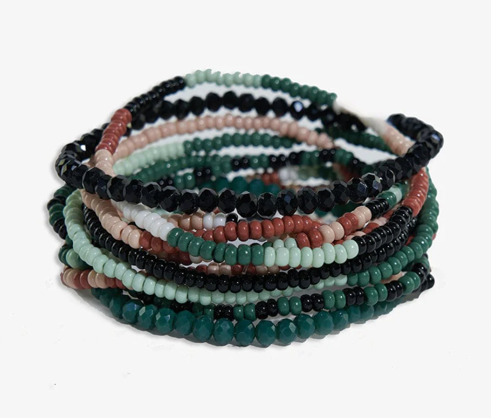 SAGE MIXED STRIPE BEADED 10 STRAND STRETCH BRACELETS