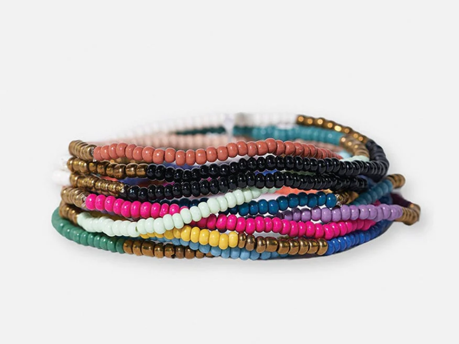 SAGE COLOR BLOCK BEADED 10 STRAND STRETCH BRACELETS