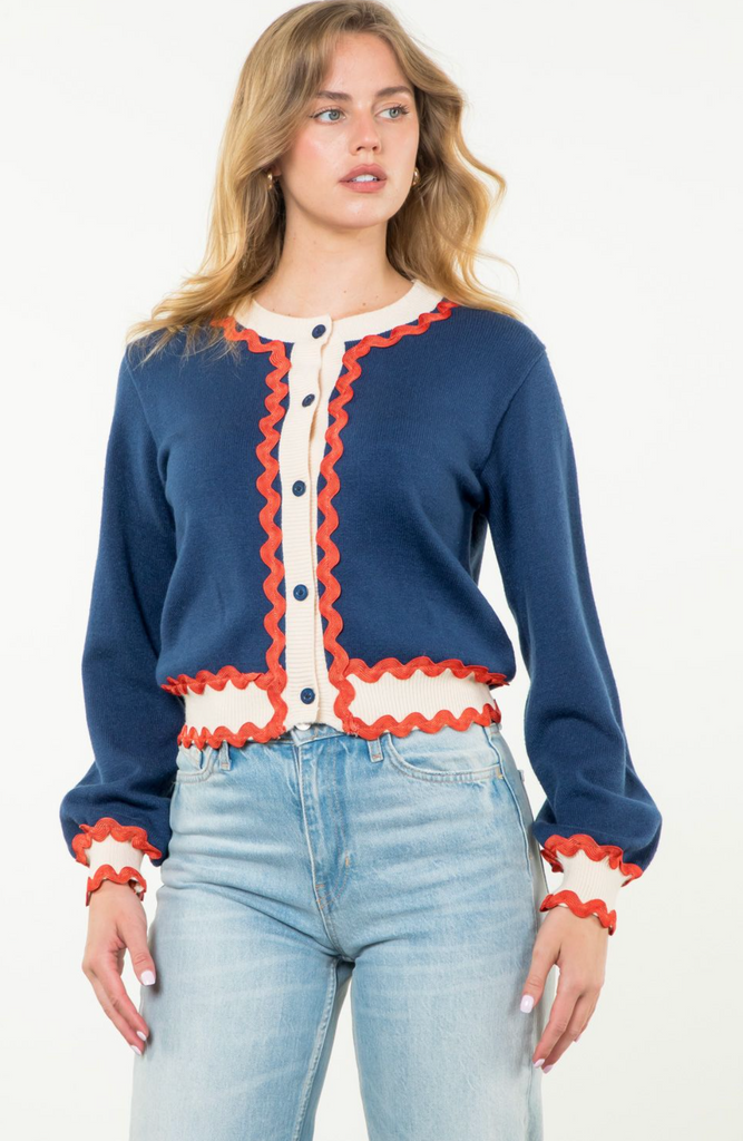 CARDIGAN WITH RIC RAC TRIM IN NAVY