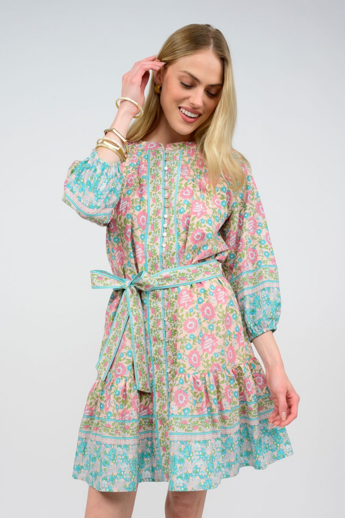 MANY BUTTONS BLOCK PRINT DRESS