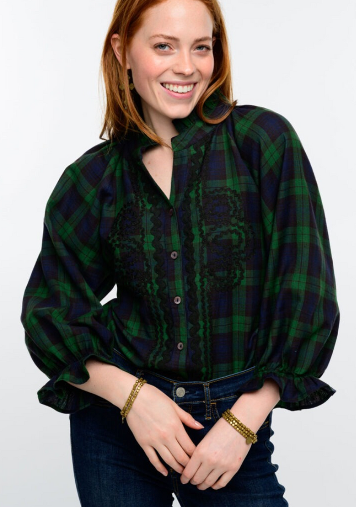 ROSALINDA PLAID BUTTON FRONT SHIRT IN HUNTER GREEN