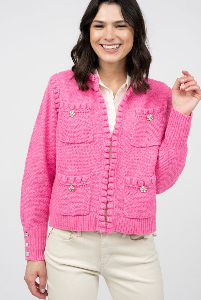 PEARL EDGE CARDIGAN IN HOT PINK