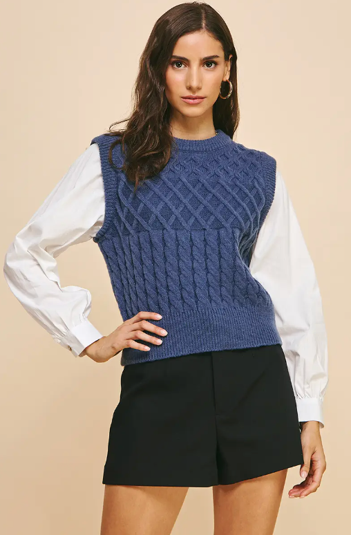 KNIT WOVEN COMBO TOP - DUSTY NAVY