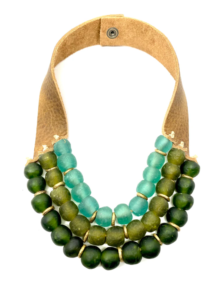 3 STRAND BEAD AND LEATHER NECKLACE - MULTI COLORS