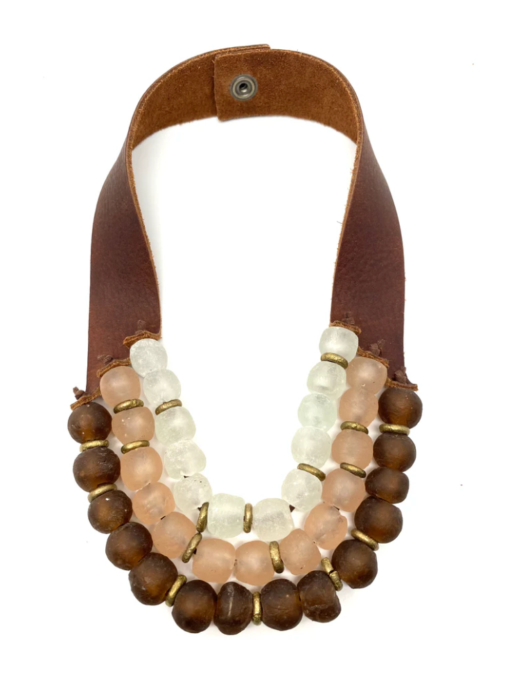 3 STRAND BEAD AND LEATHER NECKLACE - MULTI COLORS