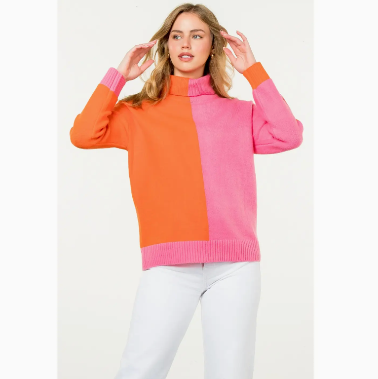 COLORBLOCK TURTLENECK SWEATER - PINK