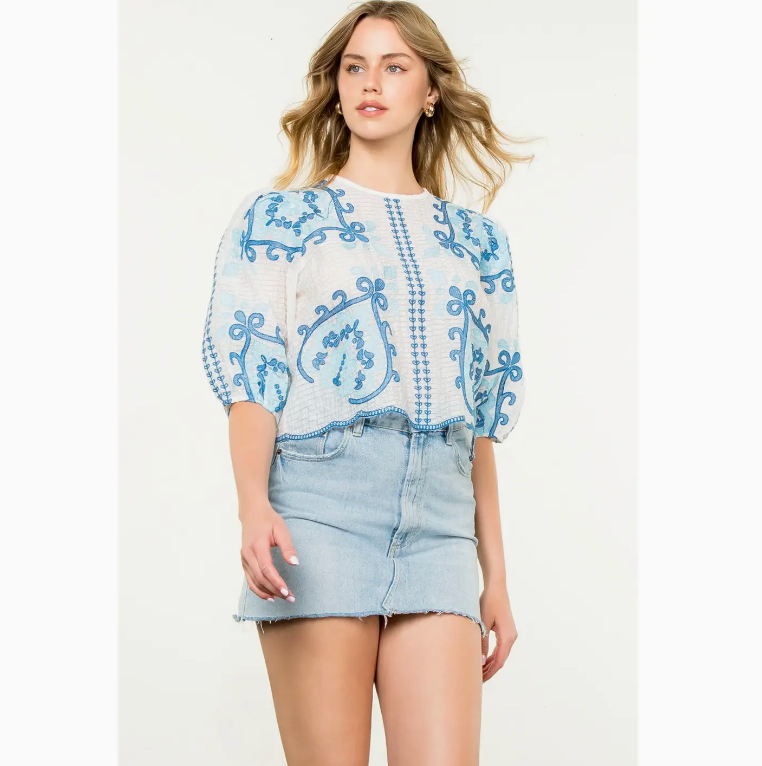 SHORT SLEEVE EMBROIDERED TEXTURED TOP