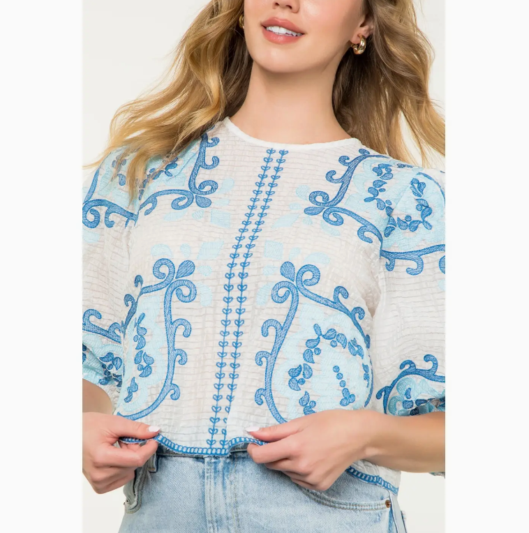 SHORT SLEEVE EMBROIDERED TEXTURED TOP