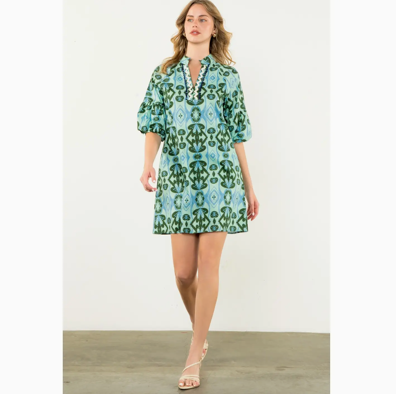 SHORT SLEEVE PRINT DRESS - MINT