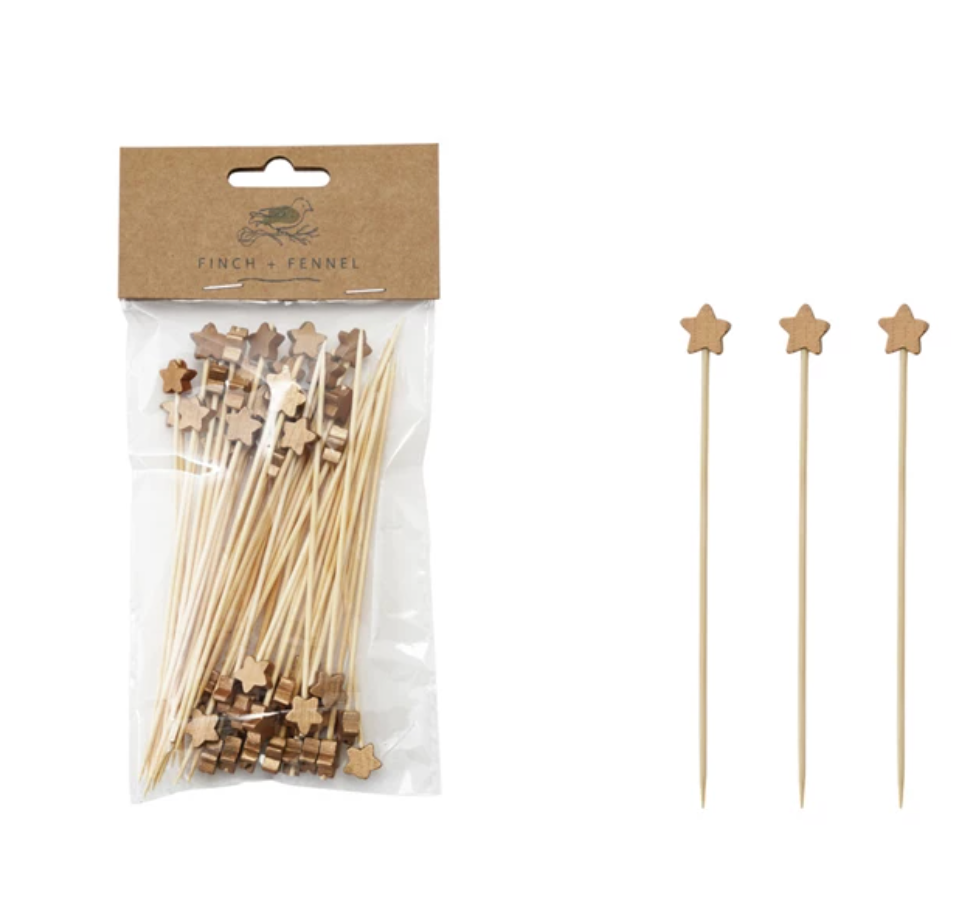 BAMBOO SINGLE USE SKEWERS WITH STAR SHAPED HANDLES