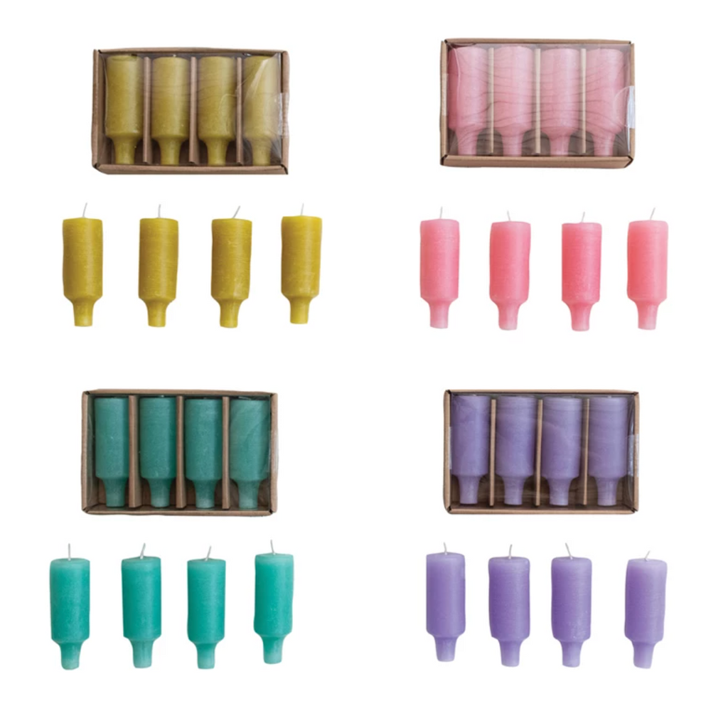 UNSCENTED BOTTLE TAPER CANDLES IN BOX - SET OF 4 - 4 COLORS