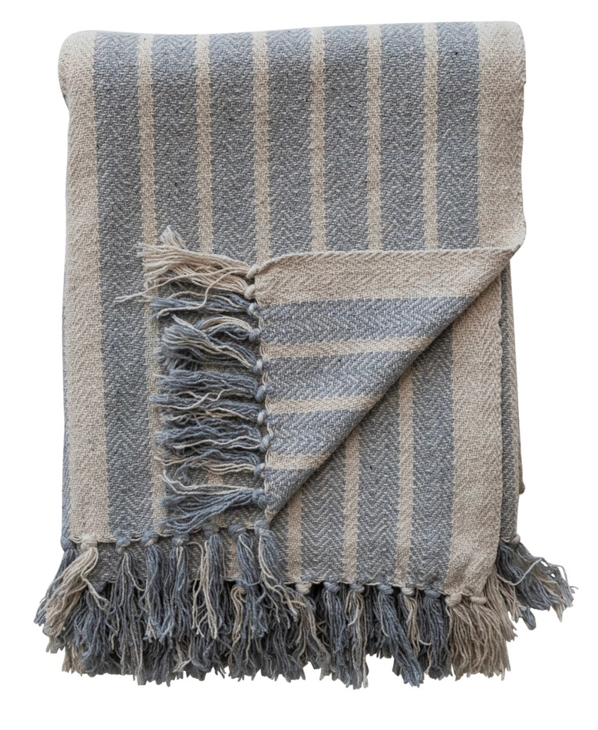 WOVEN RECYCLED COTTON BLEND THROW WITH STRIPES & FRINGE - BLUE