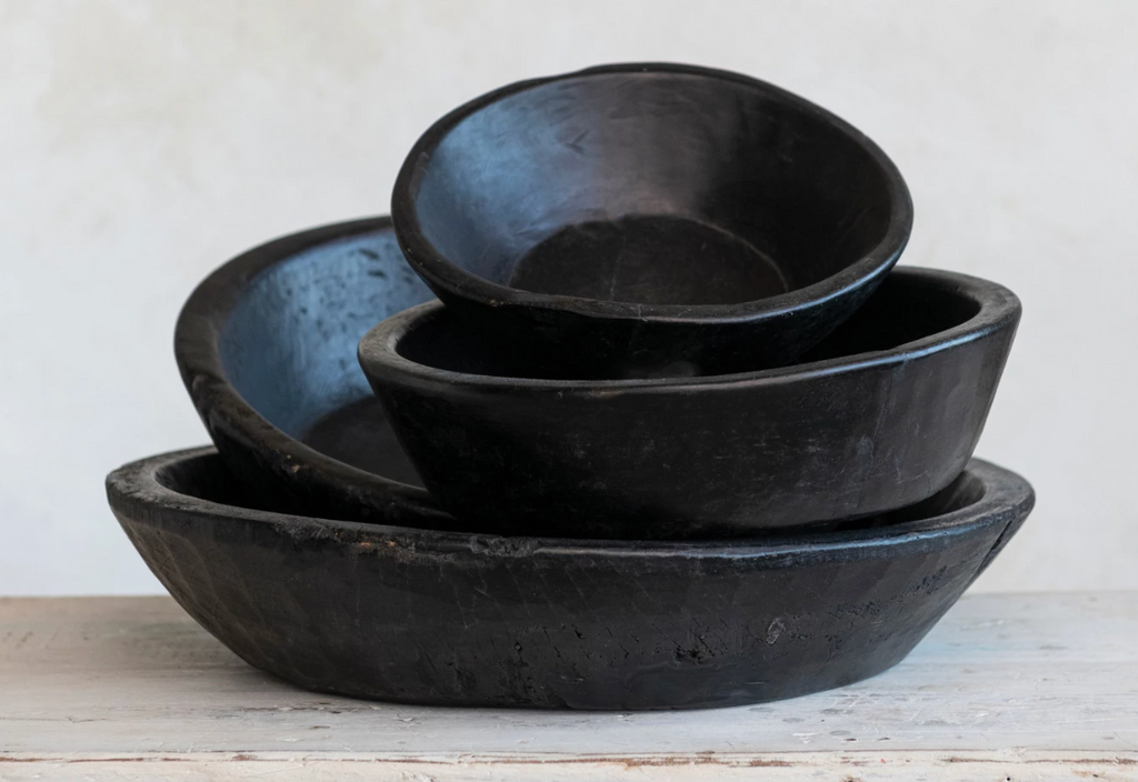 ROUND DECORATIVE RECLAIMED WOOD VINTAGE REPRODUCTION BOWLS - 4 SIZES - BLACK