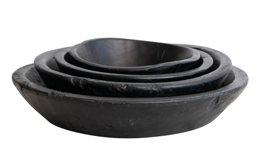 ROUND DECORATIVE RECLAIMED WOOD VINTAGE REPRODUCTION BOWLS - 4 SIZES - BLACK