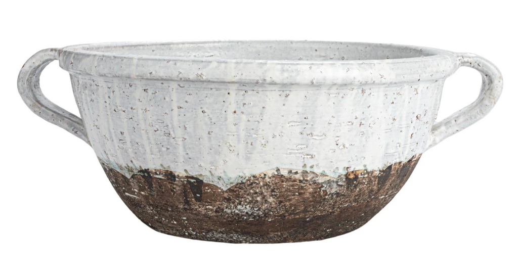 TERRA COTTA BOWL WITH HANDLES - DISTRESSED WHITE - IN STORE PICK UP ONLY!