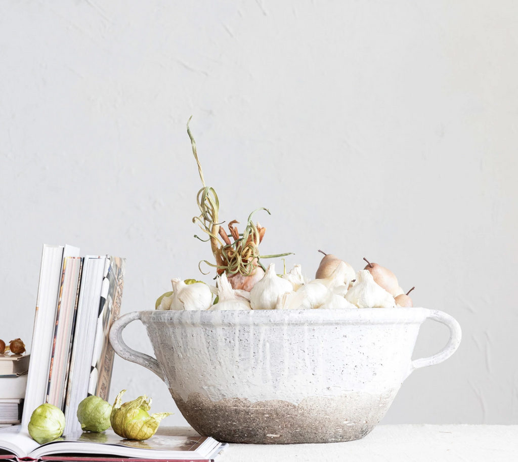 TERRA COTTA BOWL WITH HANDLES - DISTRESSED WHITE - IN STORE PICK UP ONLY!