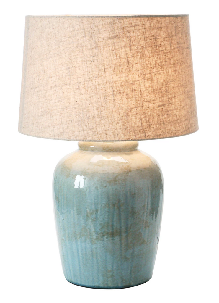 STONEWARE TABLE LAMP WITH LINEN SHADE - AQUA - IN STORE PICK UP ONLY!