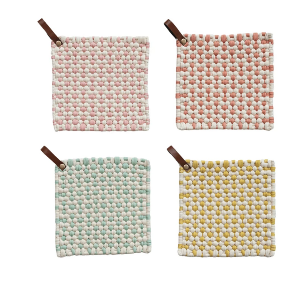 COTTON CROCHETED POT HOLDER WITH LEATHER LOOP - 4 COLORS